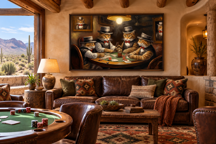 Cats Playing Poker framed canvas wall art hanging in a rustic game room with leather furniture.