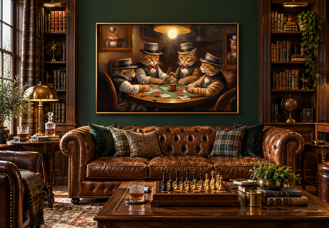 Framed canvas wall art of four cats playing poker in a vintage-style game room above a leather sofa.