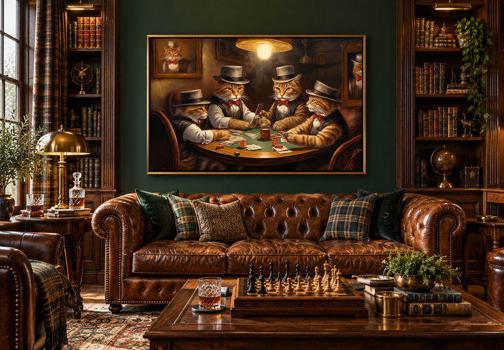 Framed canvas wall art of four cats playing poker in a vintage-style game room above a leather sofa.