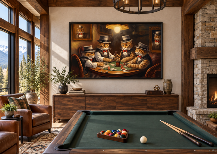 Framed canvas wall art of cats playing poker hanging in a rustic game room above a pool table.