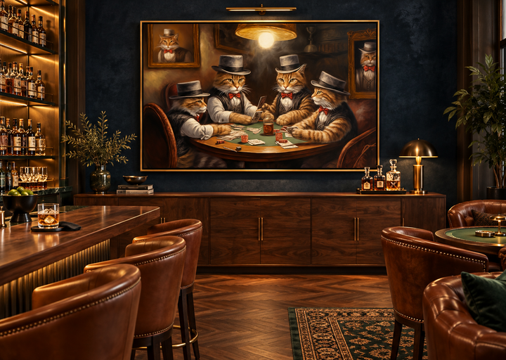 Framed canvas wall art of cats playing poker in a vintage-style game room with dark wood furniture.