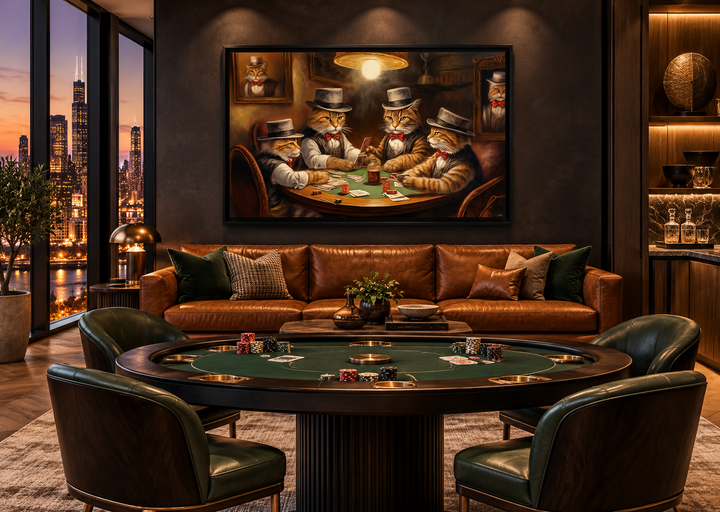 Framed canvas wall art of cats playing poker in a dark, vintage-style game room setting.