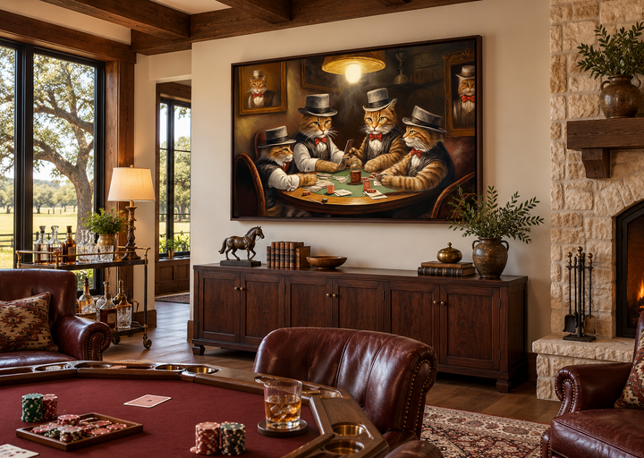 Framed canvas wall art of cats in top hats playing poker, hanging in a classic game room.
