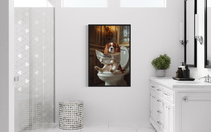 Cavalier King Charles Spaniel On The Toilet Reading Newspaper Picture in a bathroom