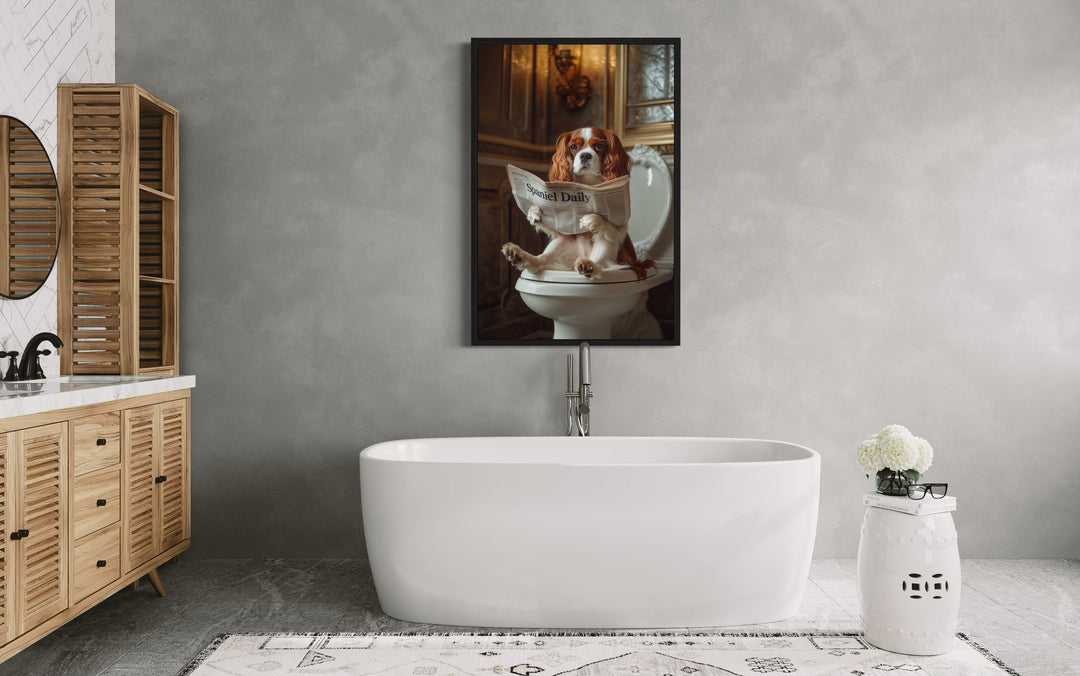 Cavalier King Charles Spaniel On The Toilet Reading Newspaper Picture in a bathroom