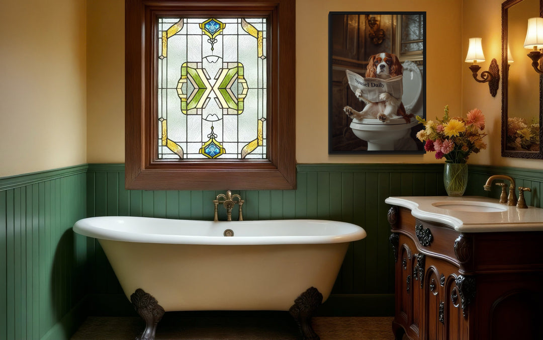 Cavalier King Charles Spaniel On The Toilet Reading Newspaper Picture in a bathroom with a claw foot tub and a stained glass window