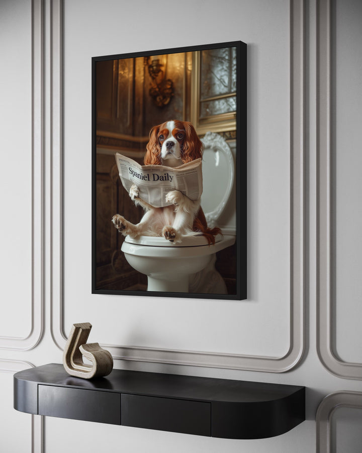 Cavalier King Charles Spaniel On The Toilet Reading Newspaper wall art side view