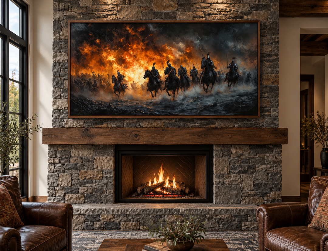 Panoramic canvas art of medieval knights charging through fire, mounted above a stone fireplace.