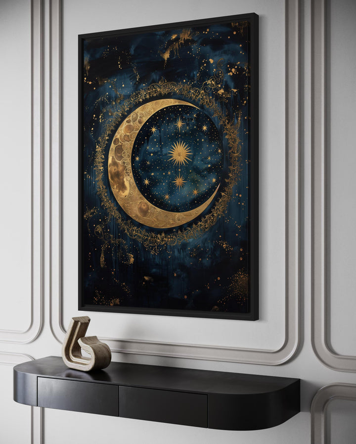 Celestial Moon and Stars Gothic Canvas Wall Art featuring a gold crescent moon on a navy background.