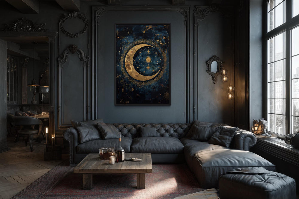 Celestial Moon and Stars Gothic Canvas Wall Art hanging in a dark, moody living room.