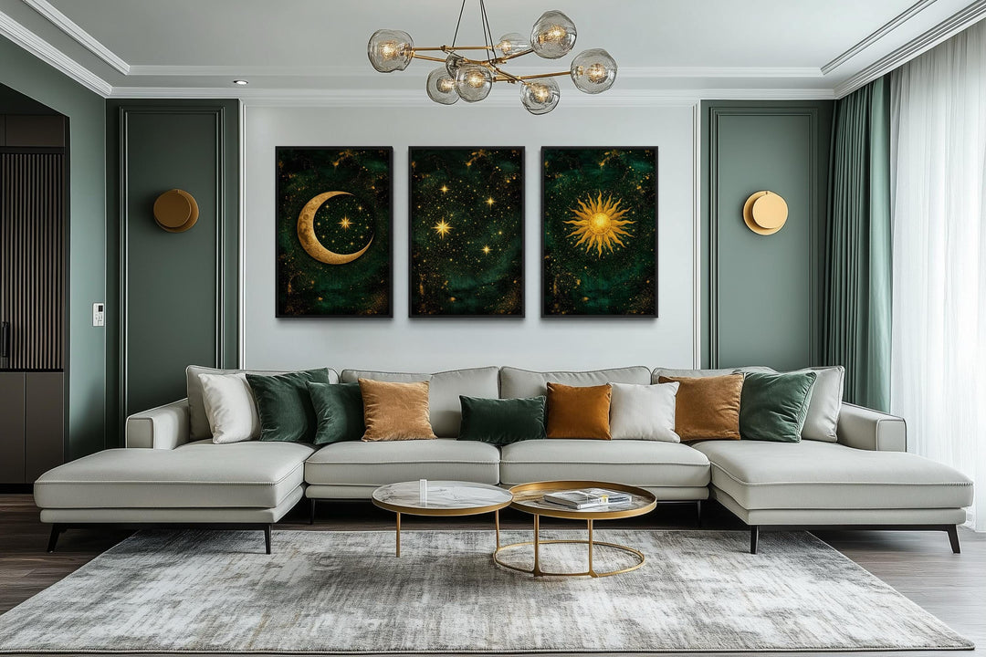 Emerald green and gold triptych canvas print featuring celestial sun, moon, and stars wall art.
