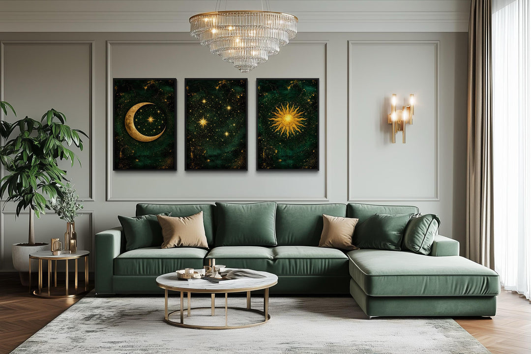 Emerald green and gold triptych canvas print featuring celestial sun, moon, and stars wall art.