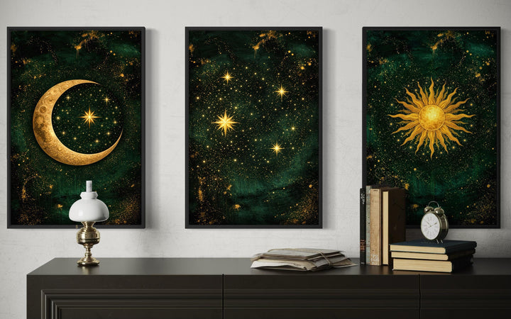 Three-panel emerald green and gold celestial canvas prints featuring a moon, stars, and sun.