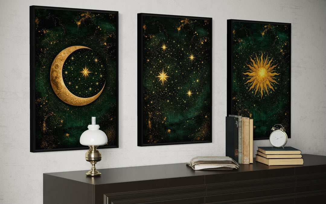 Emerald green and gold triptych canvas prints featuring a sun, moon, and stars celestial theme.