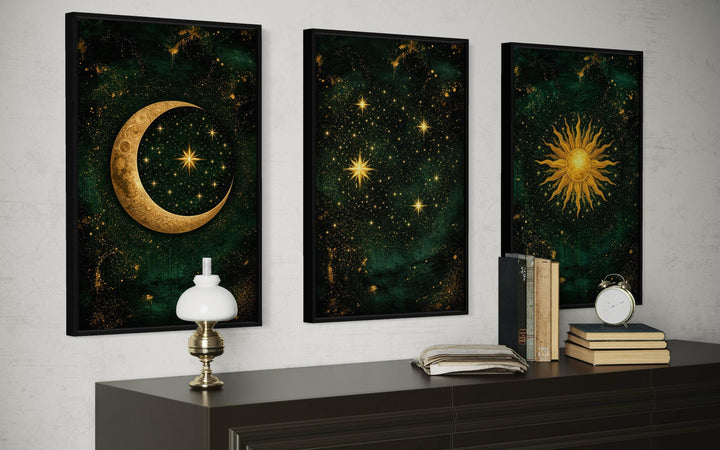 Emerald green and gold triptych canvas prints featuring a sun, moon, and stars celestial theme.