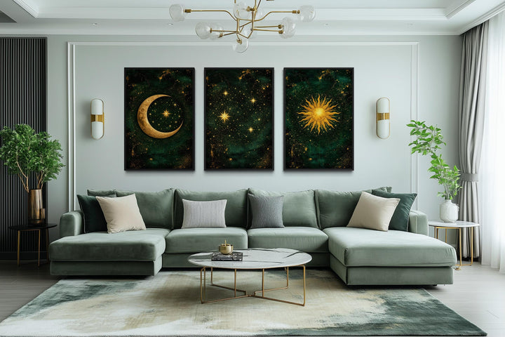 Emerald green and gold triptych canvas print featuring celestial sun, moon, and star designs.