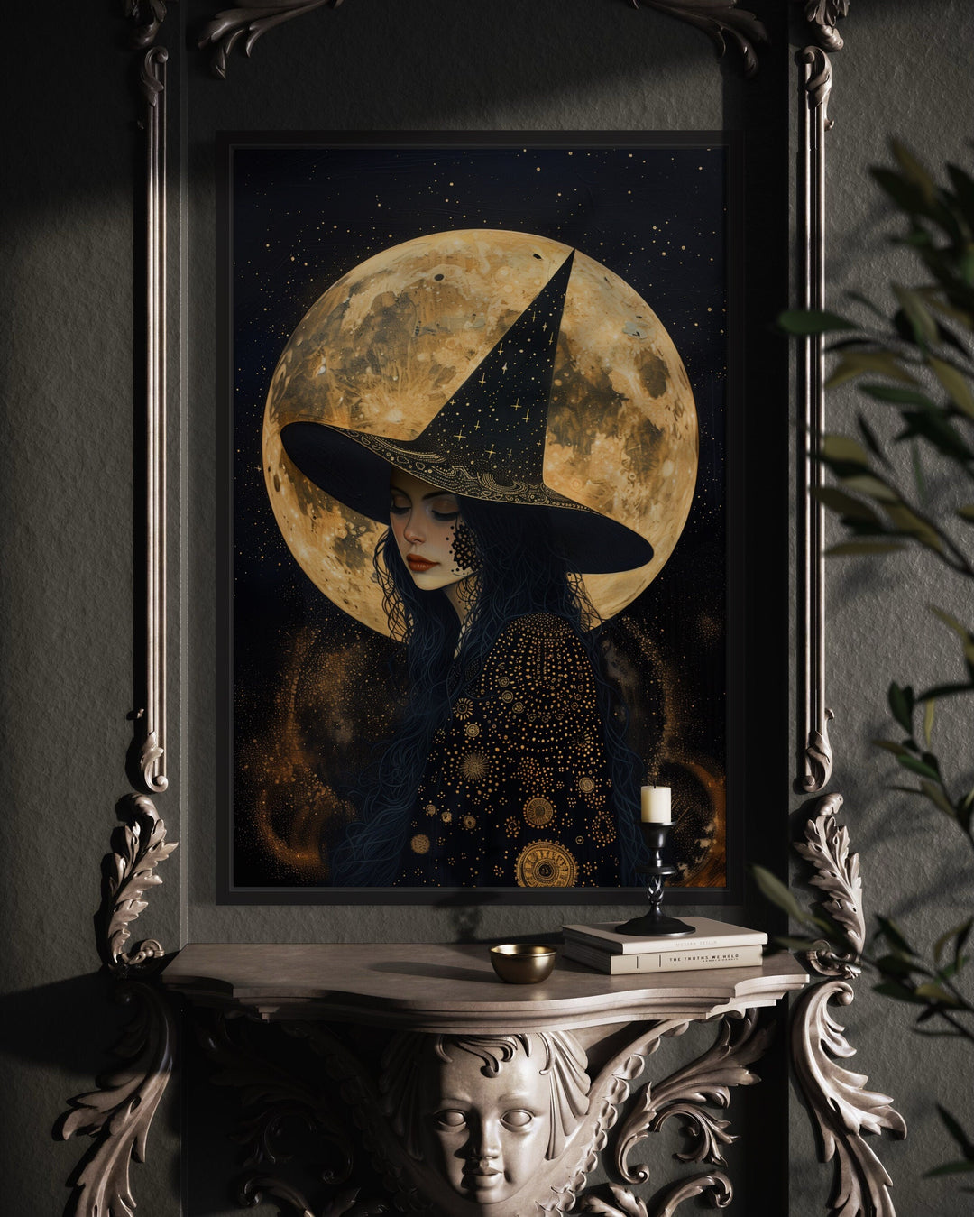 Celestial Witch With Full Moon And Starry Sky Halloween Wall Art