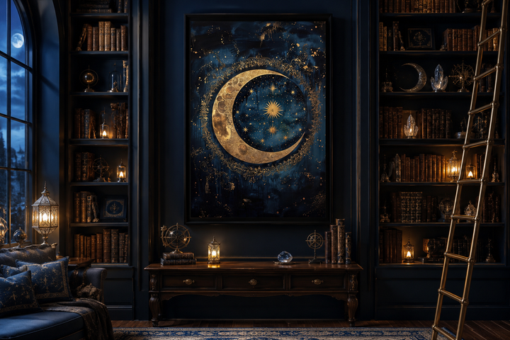Celestial Moon and Stars Gothic Canvas Wall Art in a dark academia library setting.