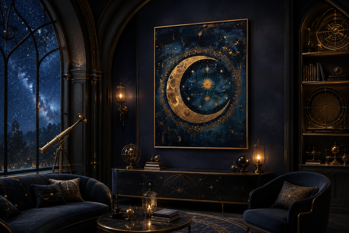 Celestial Moon and Stars Gothic Canvas Wall Art in a dark academia room with a telescope.