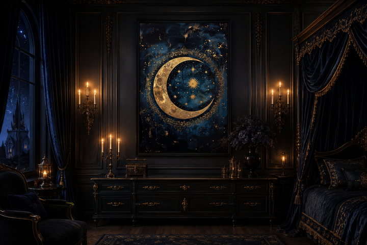 Celestial moon and stars gothic canvas wall art in a dark, ornate bedroom with candle lighting.