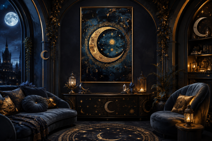 Celestial Moon and Stars Gothic Canvas Wall Art featuring a golden crescent on a navy galaxy background.
