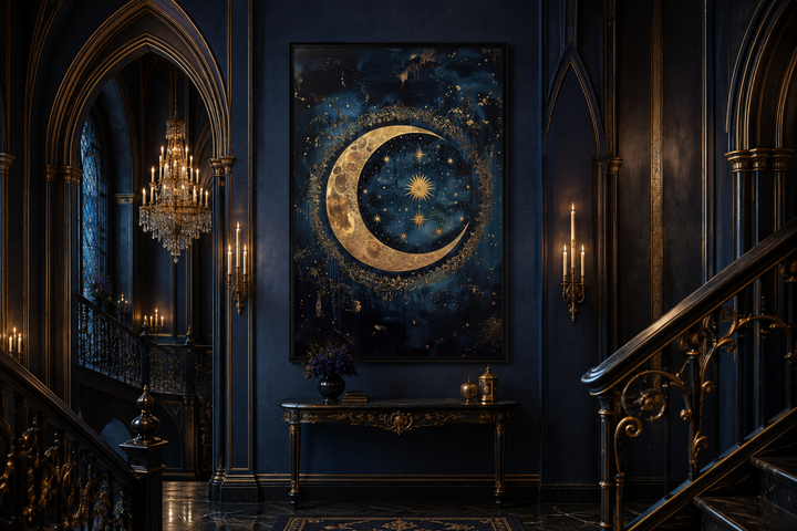 Celestial moon and stars gothic canvas wall art in a dark blue room with gold accents.