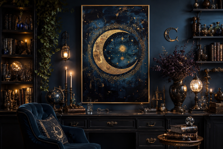 Celestial Moon and Stars Gothic Canvas Wall Art in a dark academia room with books and candles.