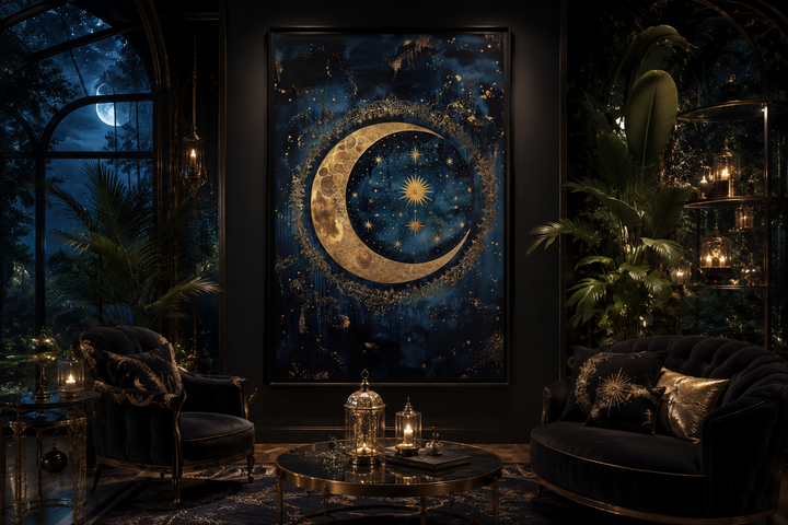 Celestial Moon and Stars Gothic Canvas Wall Art in a dark, moody living room with velvet furniture.