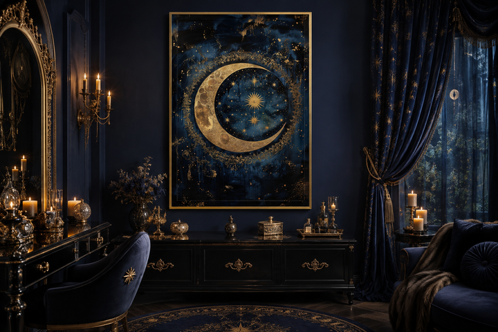 Celestial Moon and Stars Gothic Canvas Wall Art in a gold frame on a dark navy wall.