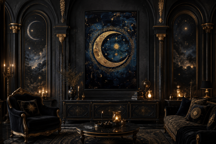 Celestial Moon and Stars Gothic Canvas Wall Art in a dark, ornate room with gold accents.