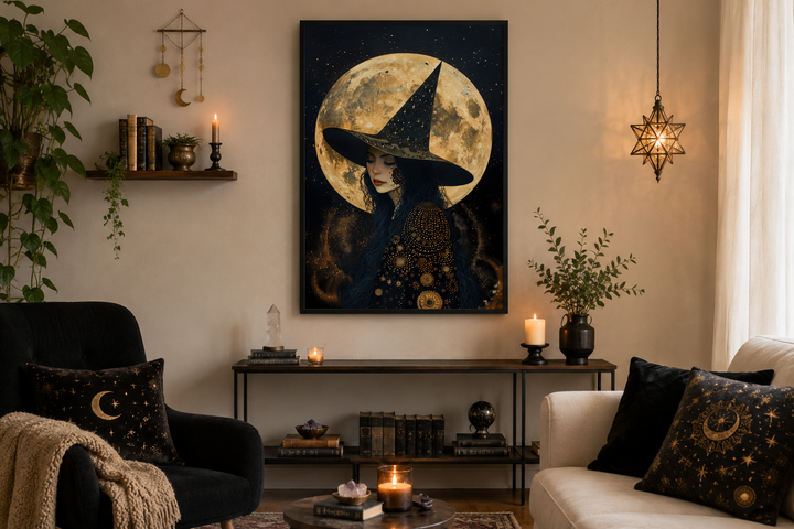 Celestial witch wall art with a full moon and starry sky in a cozy, mystical living room setting.