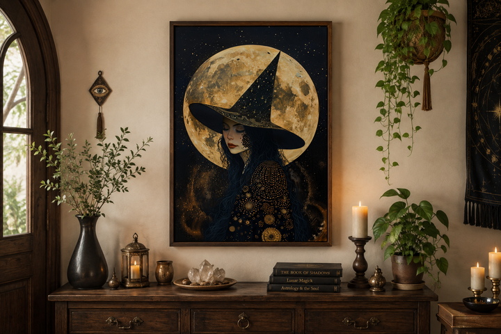 Framed canvas art of a celestial witch in a starry hat against a large golden full moon.