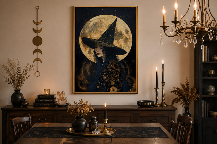 Framed canvas art of a celestial witch in a starry hat against a large full moon above a sideboard.