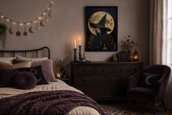 Framed wall art of a celestial witch with a full moon and starry sky above a dark wood dresser.