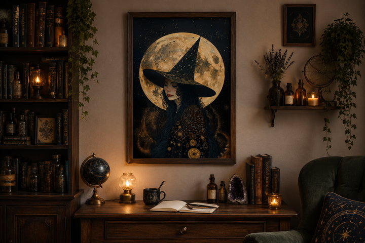 Framed canvas print of a celestial witch with a full moon and starry sky on a dark wall.