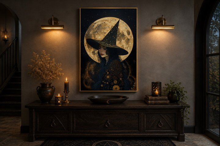 Celestial witch wall art with a full moon and starry sky displayed above a dark wooden sideboard.