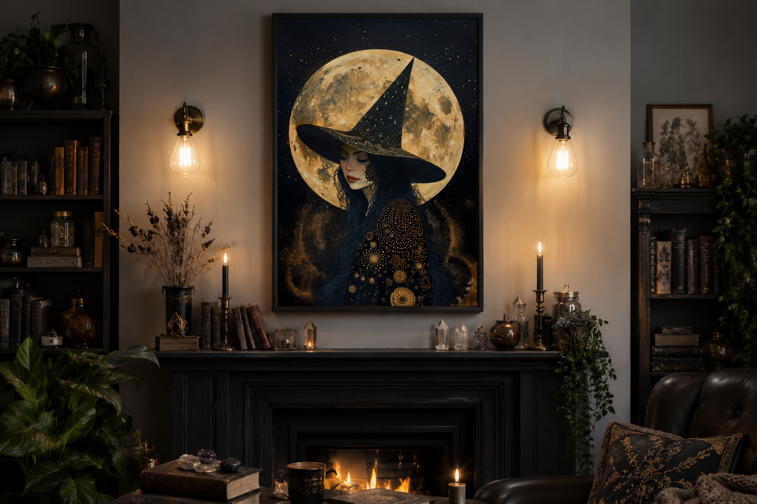 Celestial witch wall art featuring a woman in a pointed hat against a full moon and starry sky.