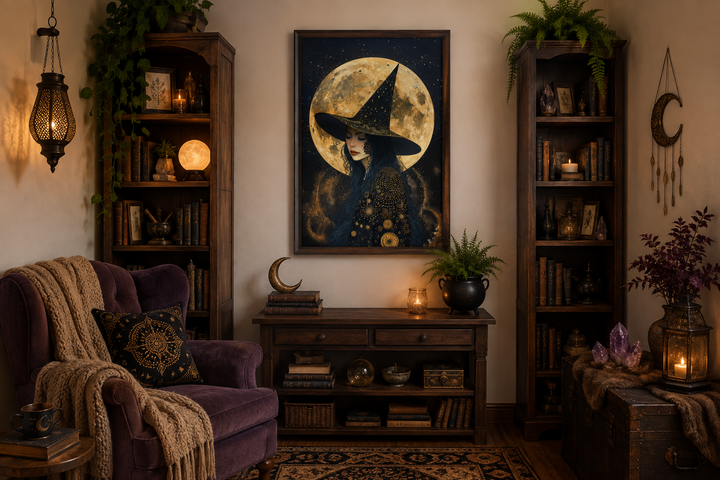 Celestial witch wall art with a full moon and starry sky in a dark, mystical room setting.