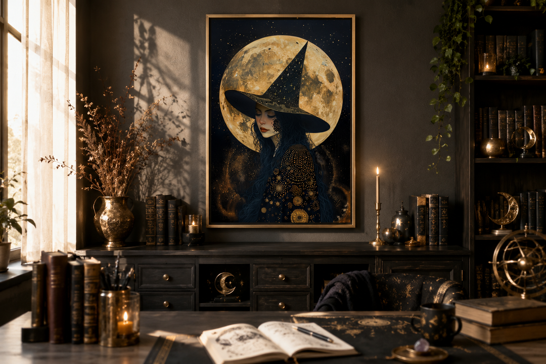Framed canvas print of a celestial witch in a pointed hat against a large golden full moon.