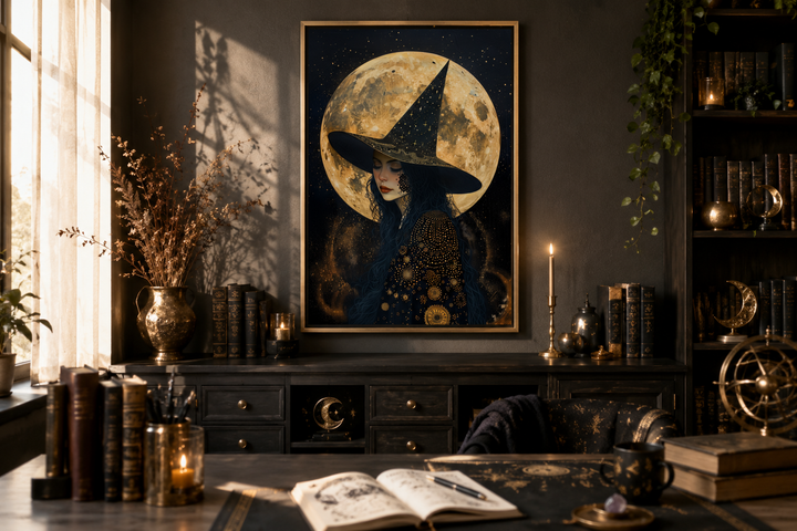 Framed canvas print of a celestial witch in a pointed hat against a large golden full moon.