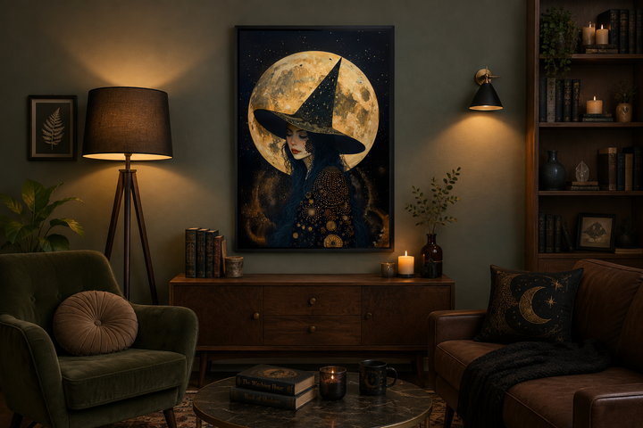 Celestial witch wall art with a full moon and starry sky displayed in a cozy, dark-toned room.