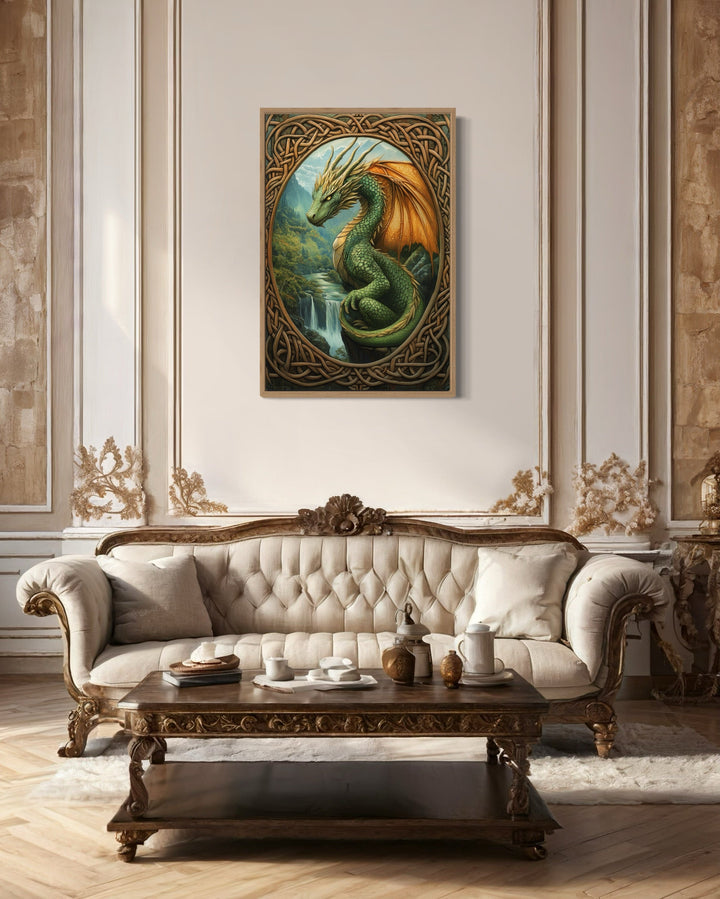 Celtic dragon perched over a waterfall in a green mountain valley canvas wall art above a sofa.