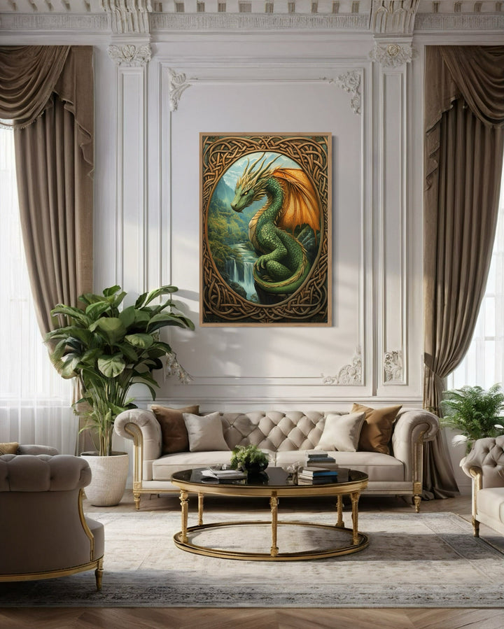 Celtic dragon wall art perched over a waterfall in a green valley, framed in a classic living room.