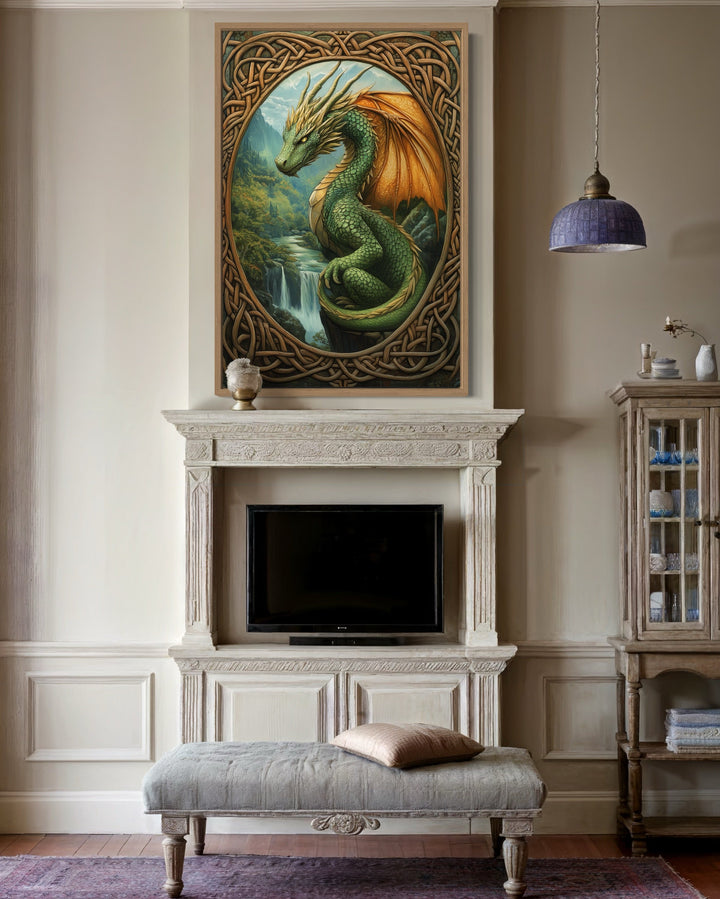 Celtic dragon canvas art above a fireplace in a classic living room with a grey bench.