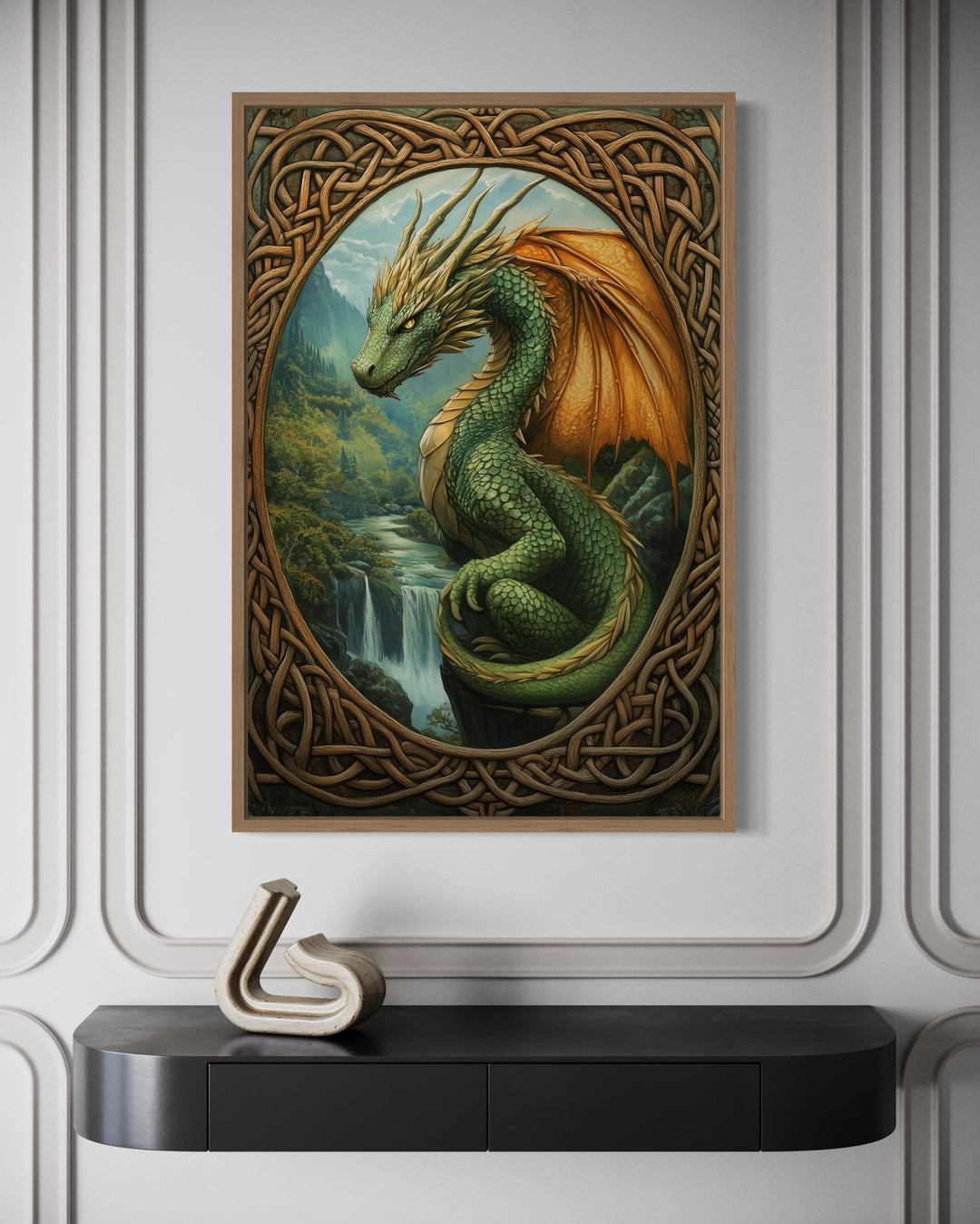 Framed canvas art of a green Celtic dragon perched over a waterfall in a mountain valley.