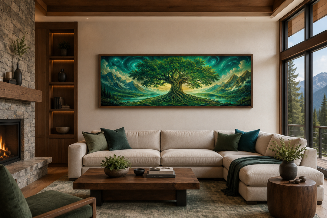 Celtic Tree of Life long narrow emerald green framed canvas wall art hanging above a living room sofa