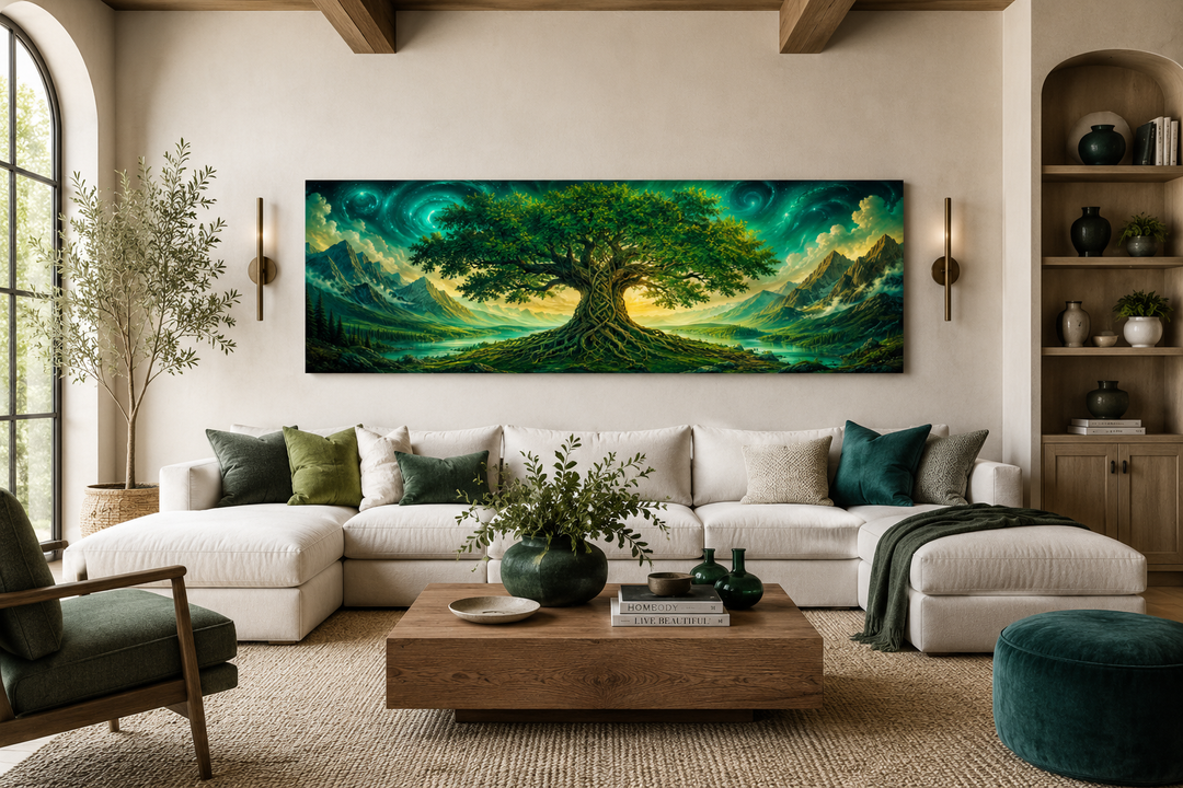 Celtic Tree of Life emerald green long narrow framed canvas wall art above a white sectional sofa.