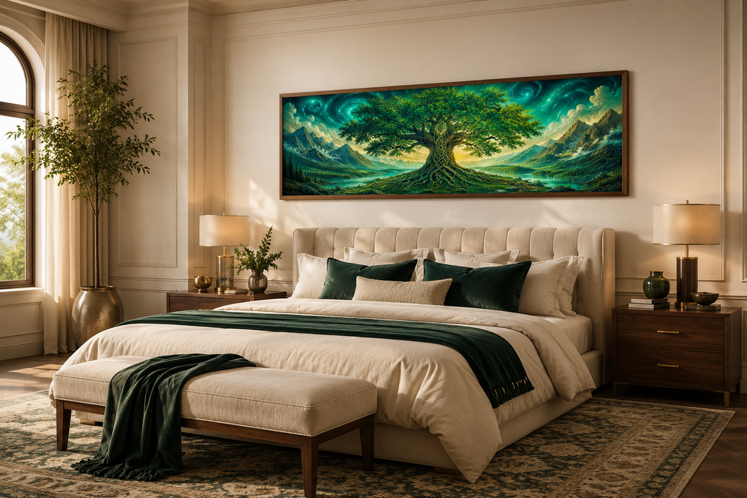 Celtic Tree of Life long narrow emerald green framed canvas wall art hanging above a bed.