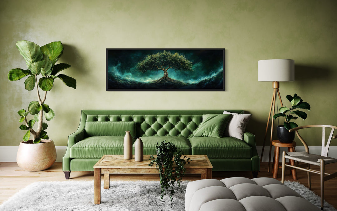 Celtic Tree Of Life Long Narrow Emerald Green Framed Canvas Wall Art in a living room with a green couch