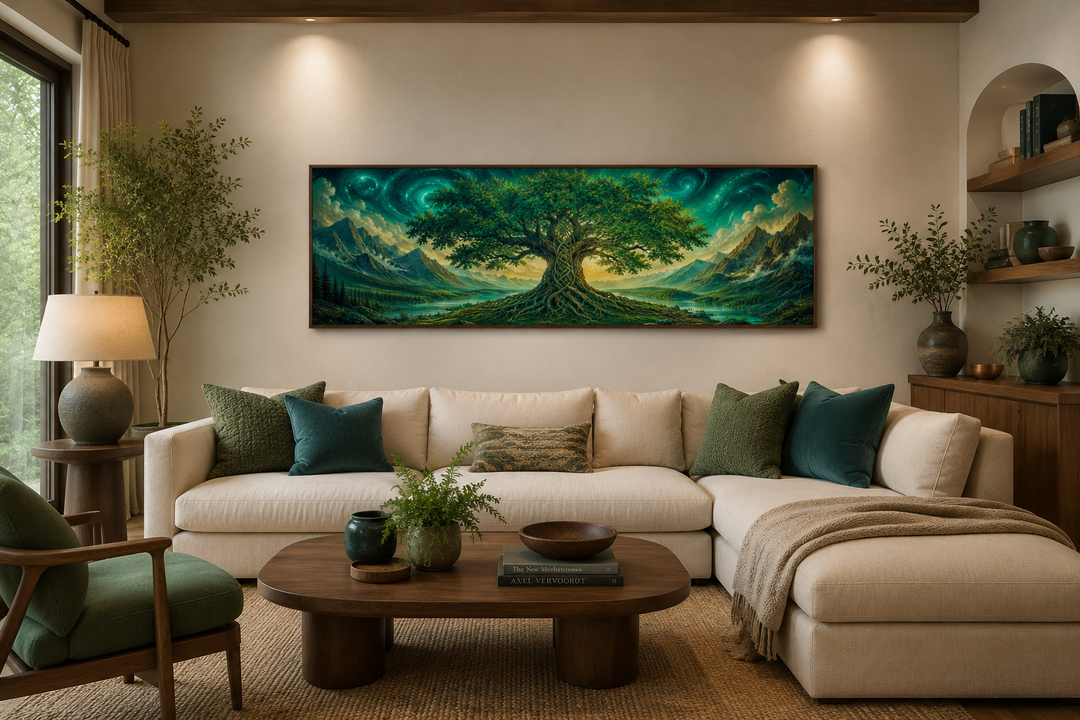 Celtic Tree of Life long narrow emerald green framed canvas wall art hanging above a cream sofa.
